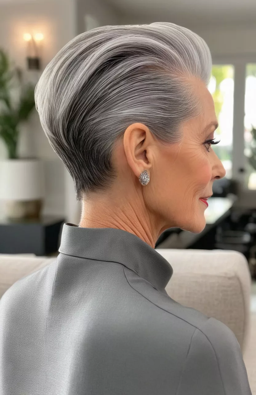 A photo of a 64-year-old Barbara, gray pixie with slicked back style, back view, living room background