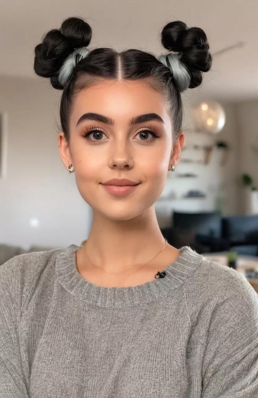 A photo of a 22-year-old Megan, space buns hairstyle with short hair, front view, living room background