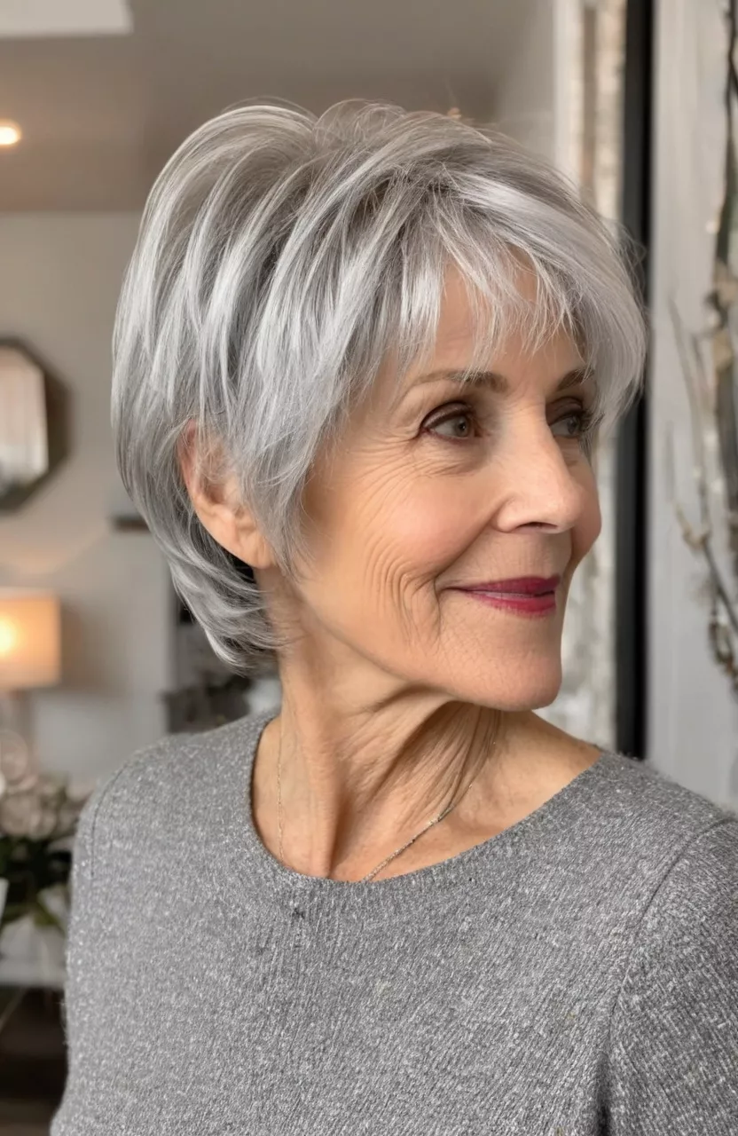 A photo of a 63-year-old Donna, wispy silver bob with razor-cut ends, side view, living room background