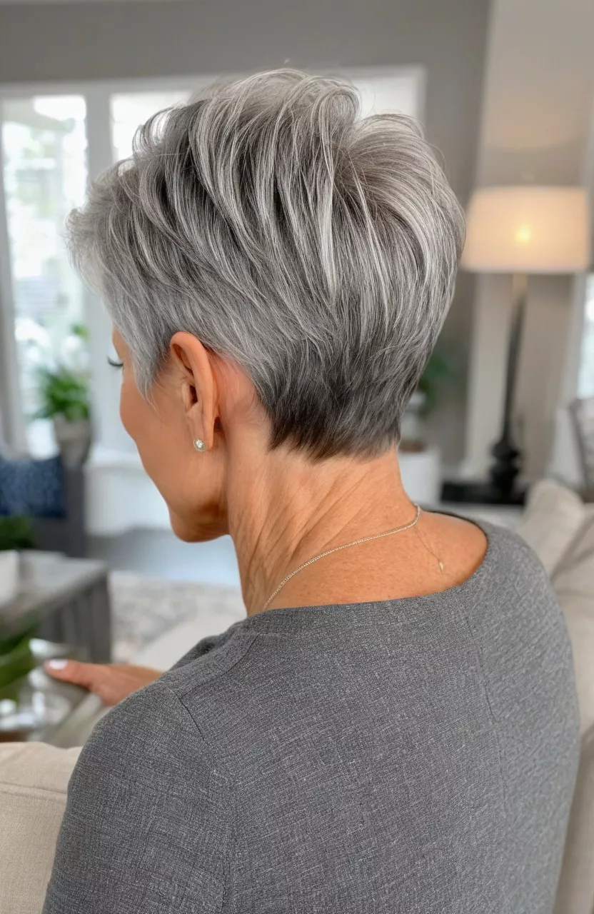 A photo of a 64-year-old Stephanie, tapered gray pixie, back view, living room background