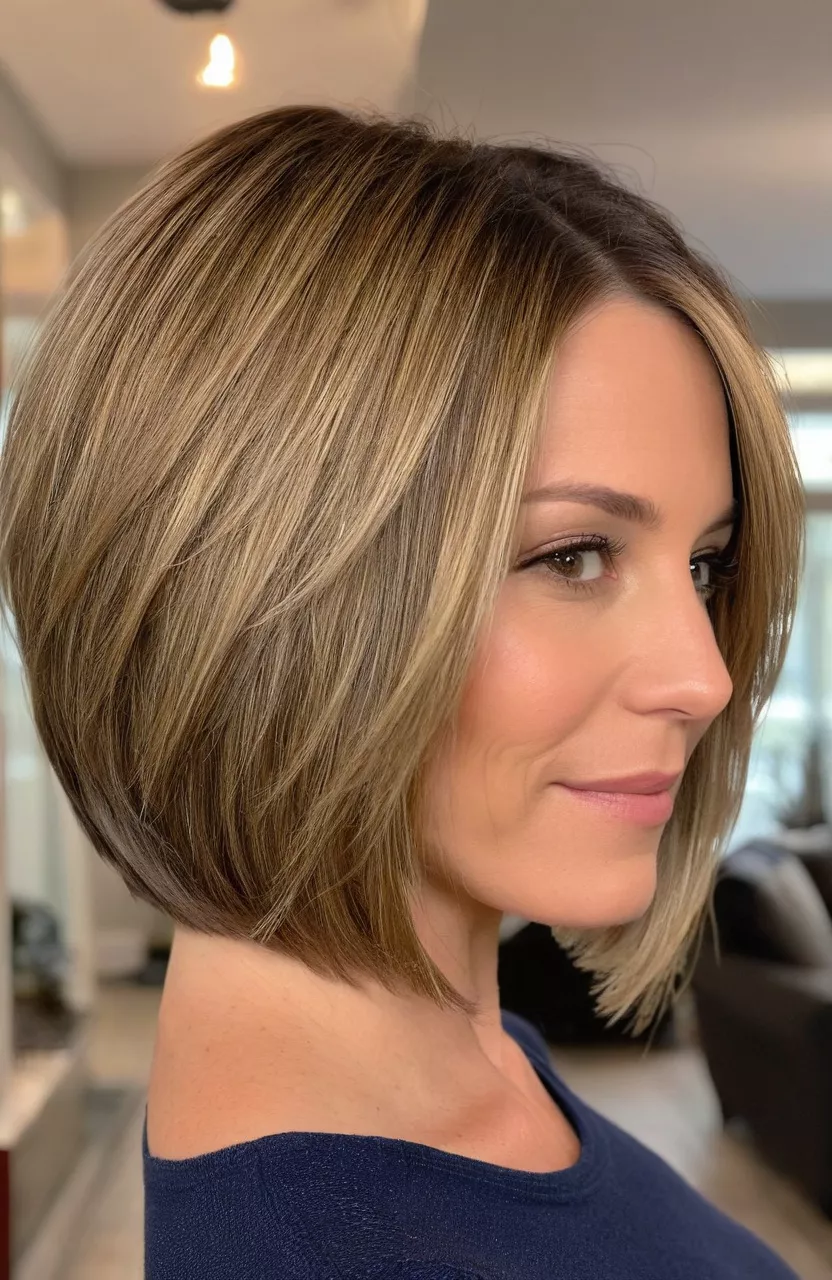 A photo of a 31-year-old Jennifer, layered bob, back view, living room background