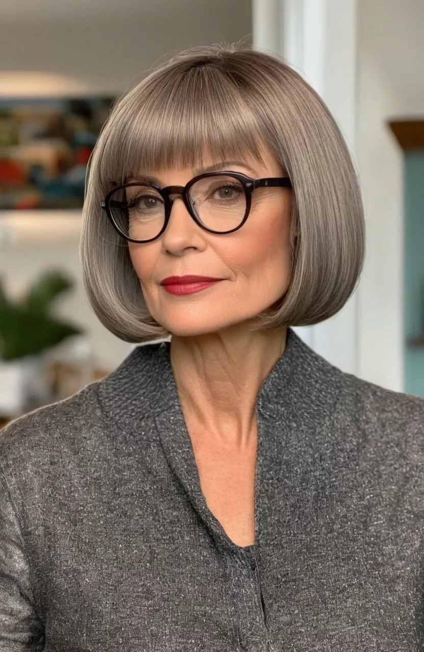 A photo of a 51-year-old Dorothy wearing glasses, rounded bob haircut, side view, living room background