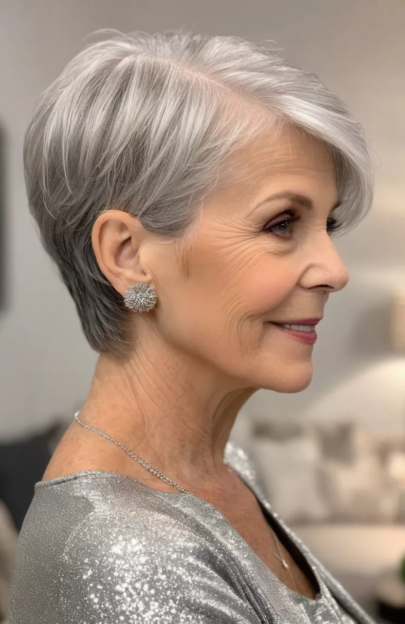 A photo of a 68-year-old Carol, silver pixie bob, side view, living room background