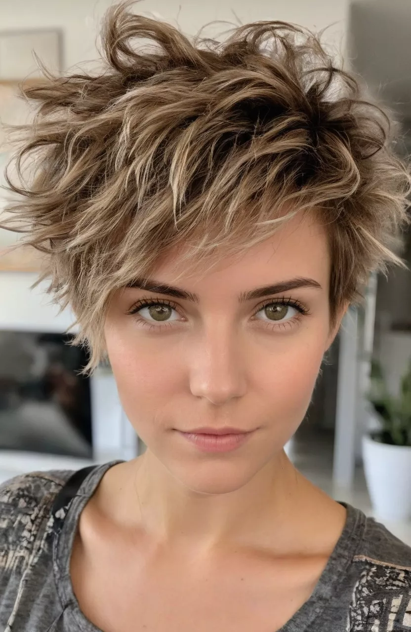 A photo of a 24-year-old Brooke, tousled messy pixie cut with bedhead texture, front view, living room background