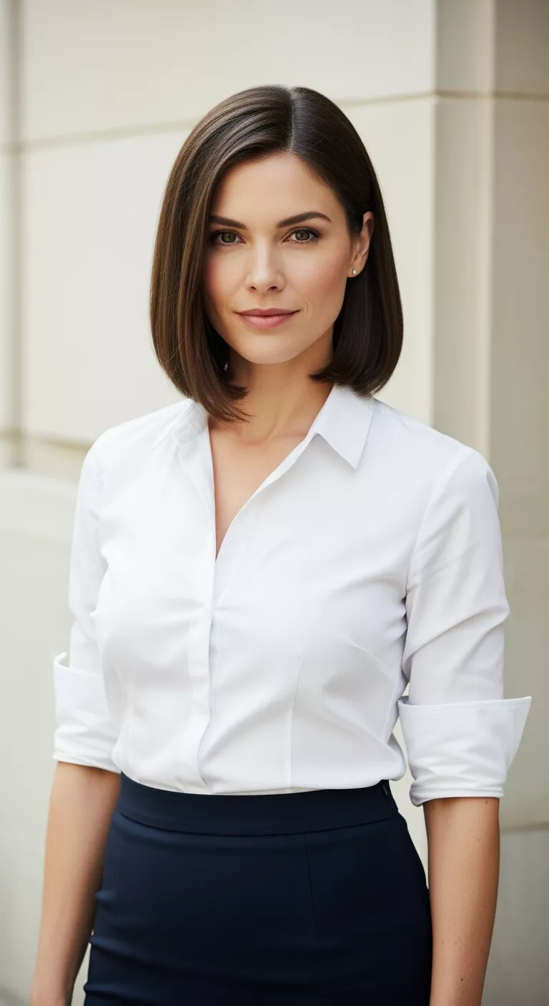 A photo of a 34-year-old woman with a sleek, straight hairstyle.