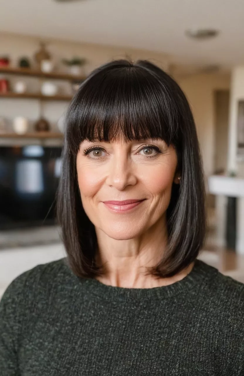 A photo of a 41-year-old Michelle, bob with bangs, front view, living room background