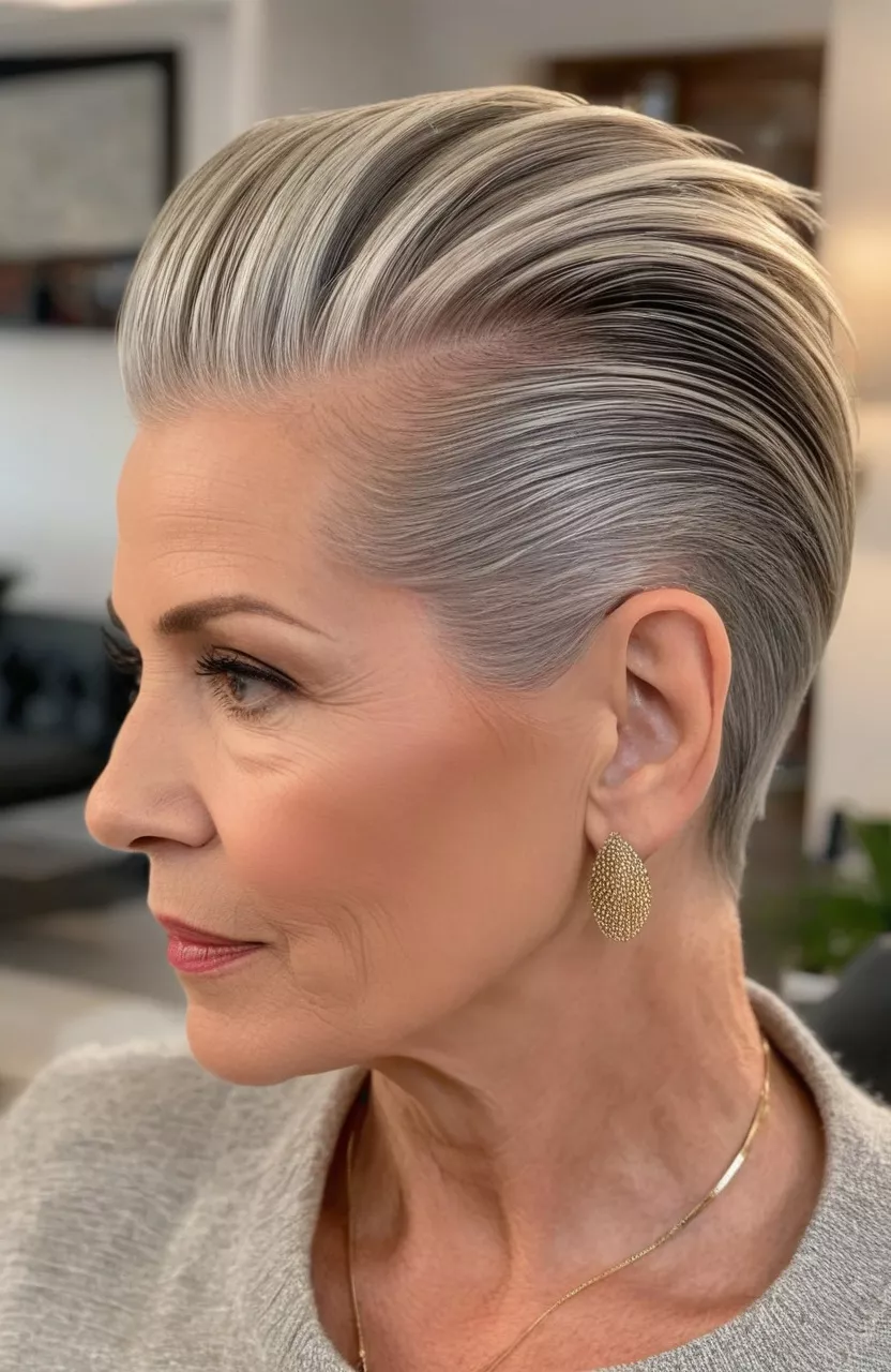A photo of a 62-year-old Emily, slicked-back pixie with undercut sides, side view, living room background