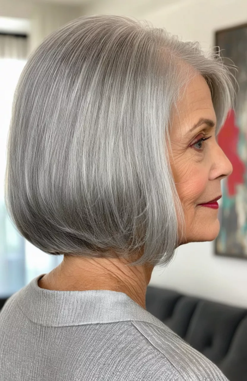 A photo of a 66-year-old Betty, jaw-length silver bob with layered back, back view, living room background