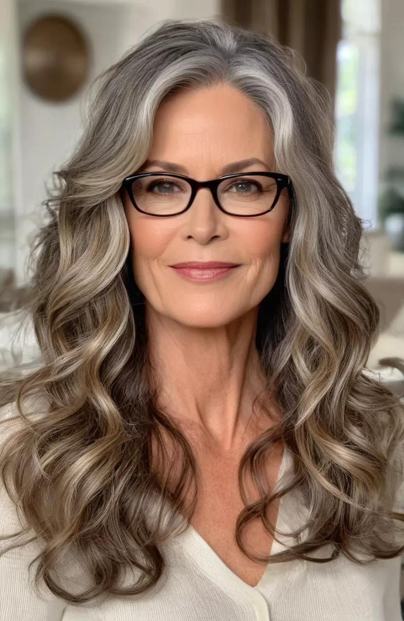 A photo of a 55-year-old Jennifer wearing glasses, long wavy hair with side part, front view, living room background