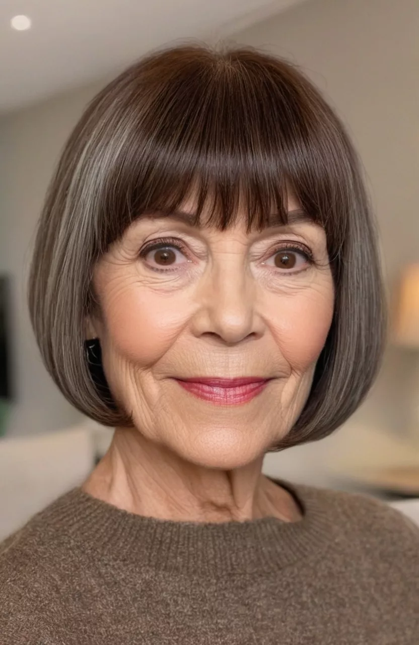A photo of a 67-year-old Marie, espresso brown bob with bangs, front view, living room background