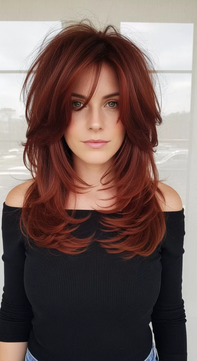 A photo of a 31-year-old woman with a long shag haircut with layers.
