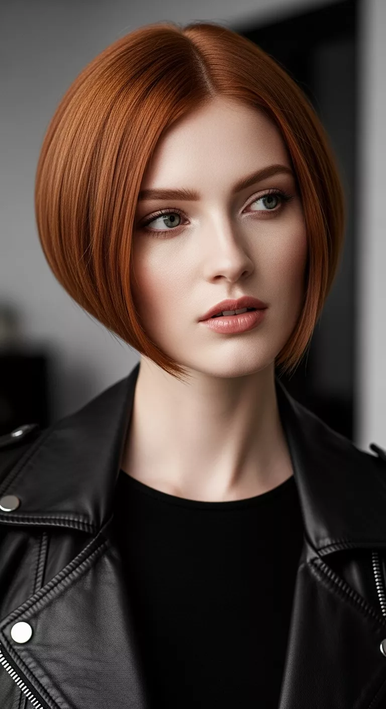 A photo of a 28-year-old woman with an edgy bob featuring sharp angles and modern cutting techniques